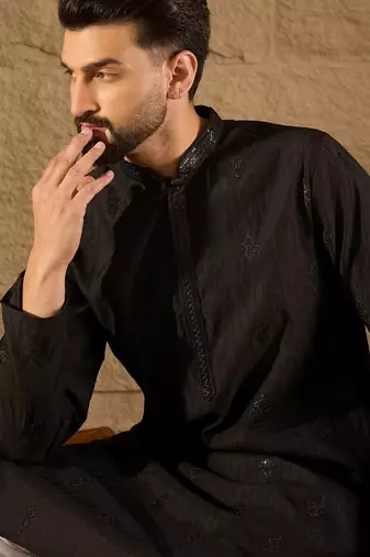 Men black viscose rayon solid embroidered straight kurta with trouser