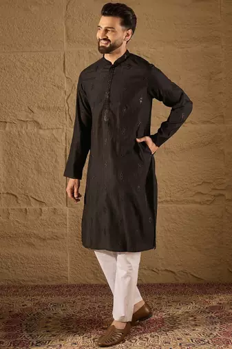Men black viscose rayon solid embroidered straight kurta with trouser