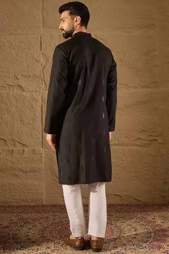 Men black viscose rayon solid embroidered straight kurta with trouser
