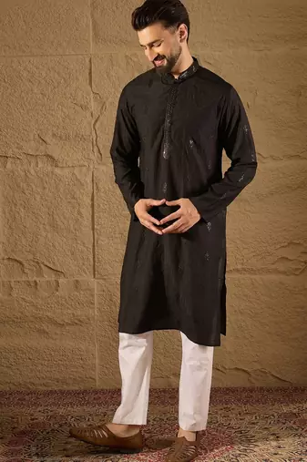 Men black viscose rayon solid embroidered straight kurta with trouser