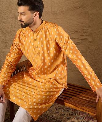 Men yellow silk blend abstract printed straight kurta with trouser 1