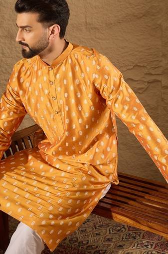 Men yellow silk blend abstract printed straight kurta with trouser