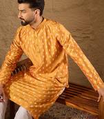 Men yellow silk blend abstract printed straight kurta with trouser