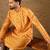 Men yellow silk blend abstract printed straight kurta with trouser