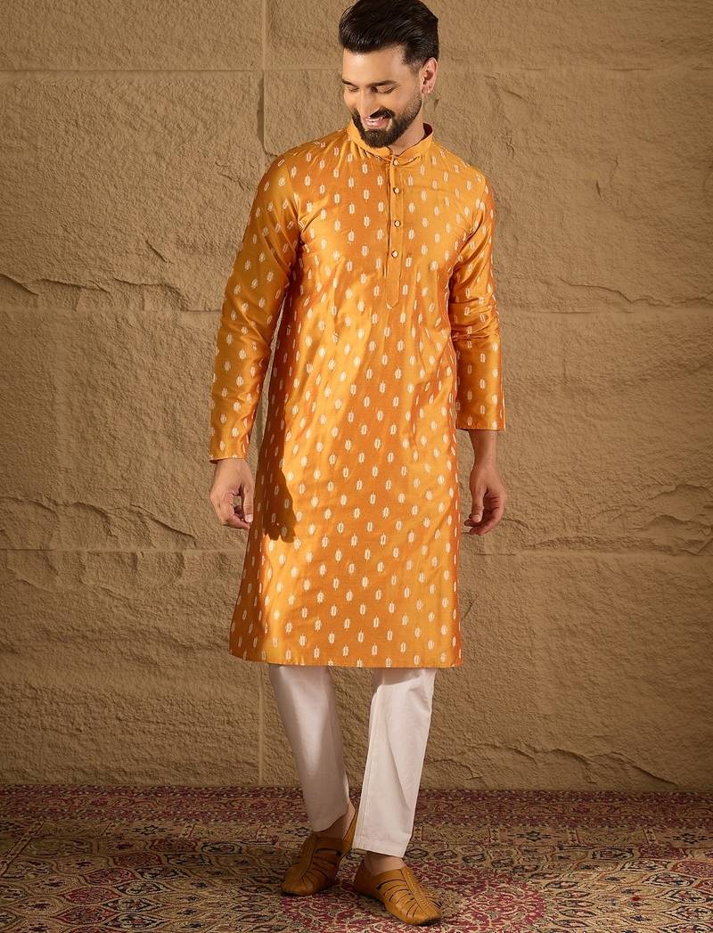 Men yellow silk blend abstract printed straight kurta with trouser
