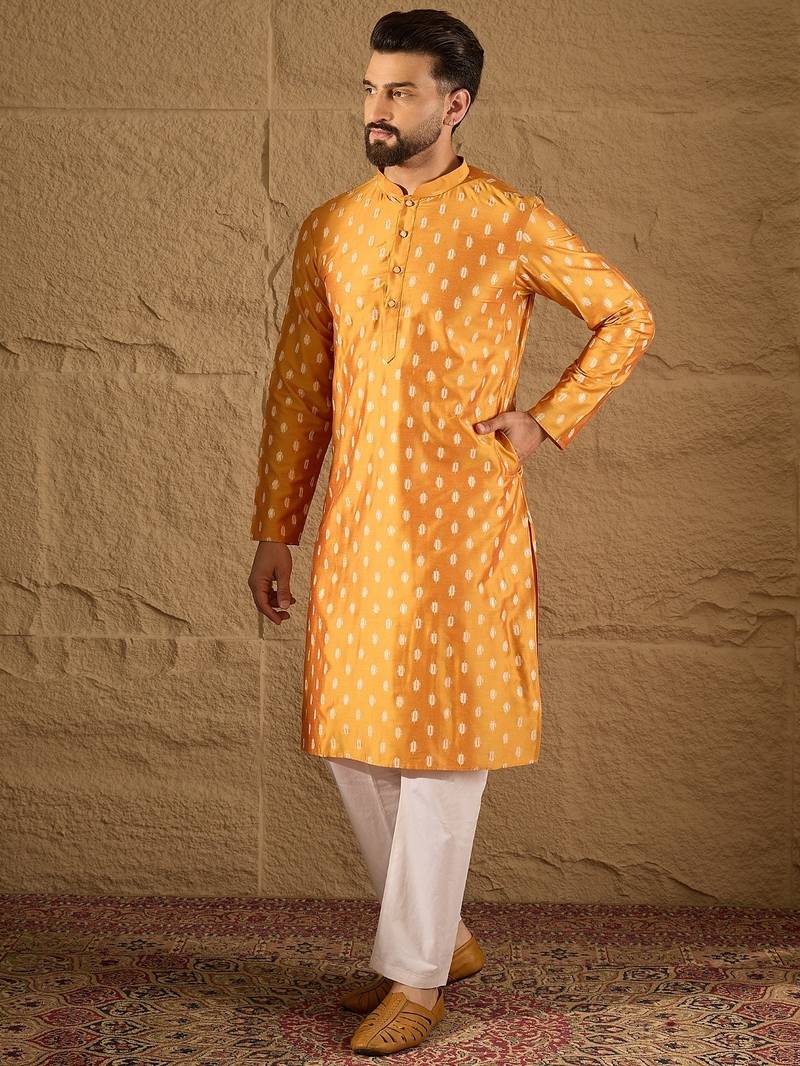 Men yellow silk blend abstract printed straight kurta with trouser