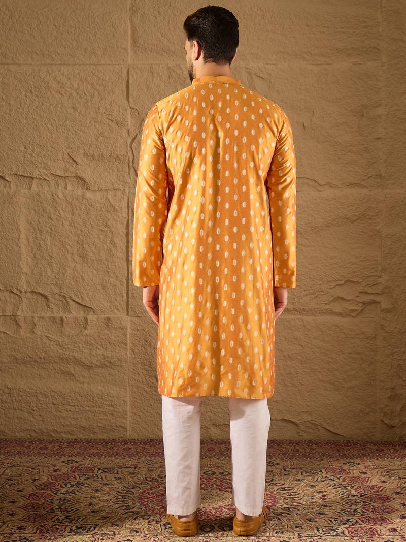 Men yellow silk blend abstract printed straight kurta with trouser