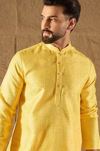 Men yellow silk blend solid embroidered straight kurta with trouser