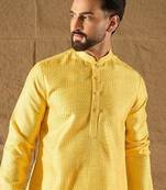 Men yellow silk blend solid embroidered straight kurta with trouser