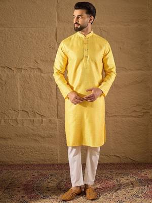 Men yellow silk blend solid embroidered straight kurta with trouser 2