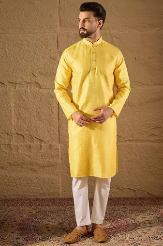 Men yellow silk blend solid embroidered straight kurta with trouser
