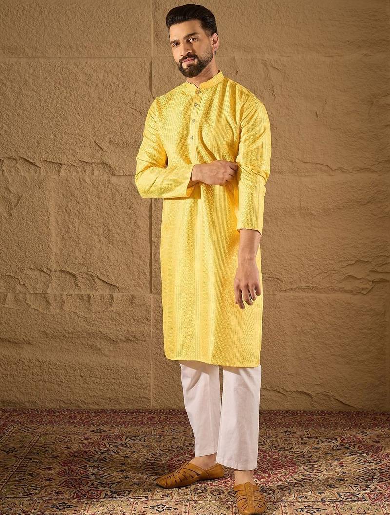 Men yellow silk blend solid embroidered straight kurta with trouser