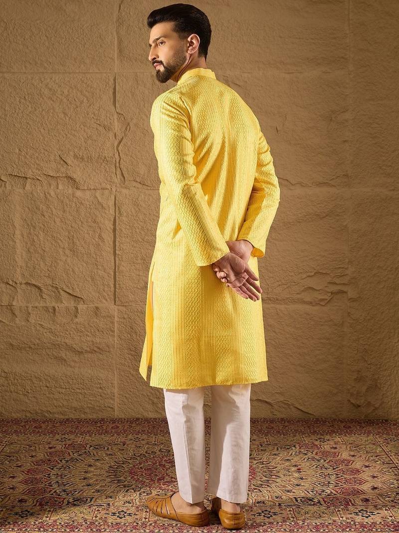 Men yellow silk blend solid embroidered straight kurta with trouser