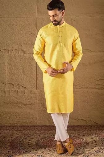 Men yellow silk blend solid embroidered straight kurta with trouser