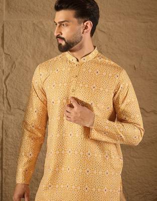 Men yellow silk blend ethnic motif embroidered straight kurta with pant set 1