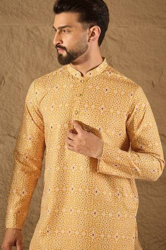 Men yellow silk blend ethnic motif embroidered straight kurta with pant set