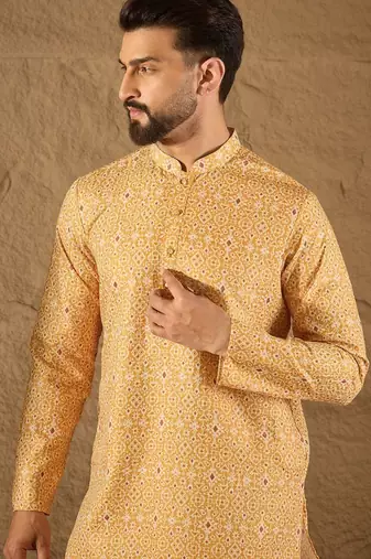 Men yellow silk blend ethnic motif embroidered straight kurta with pant set