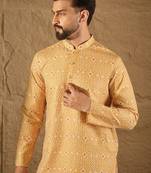 Men yellow silk blend ethnic motif embroidered straight kurta with pant set
