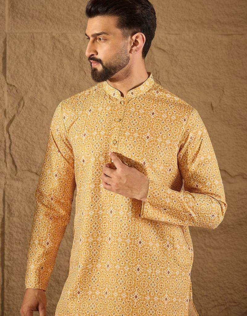 Men yellow silk blend ethnic motif embroidered straight kurta with pant set
