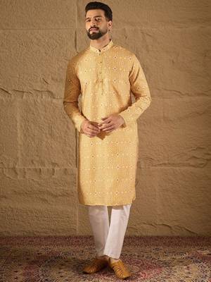 Men yellow silk blend ethnic motif embroidered straight kurta with pant set 2