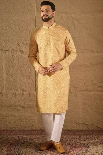 Men yellow silk blend ethnic motif embroidered straight kurta with pant set
