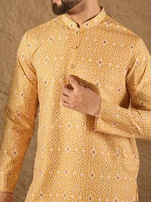 Men yellow silk blend ethnic motif embroidered straight kurta with pant set 3