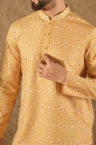 Men yellow silk blend ethnic motif embroidered straight kurta with pant set