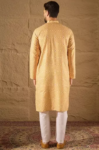 Men yellow silk blend ethnic motif embroidered straight kurta with pant set