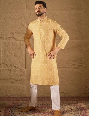Men yellow silk blend ethnic motif embroidered straight kurta with pant set 5