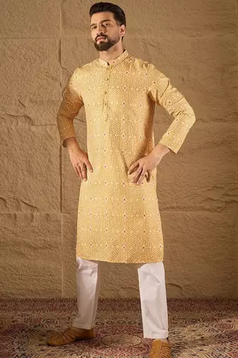 Men yellow silk blend ethnic motif embroidered straight kurta with pant set