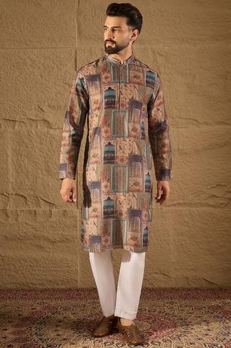 Men multi viscose rayon ethnic motifs embroidered straight kurta with trouser