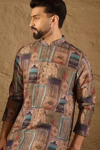 Men multi viscose rayon ethnic motifs embroidered straight kurta with trouser
