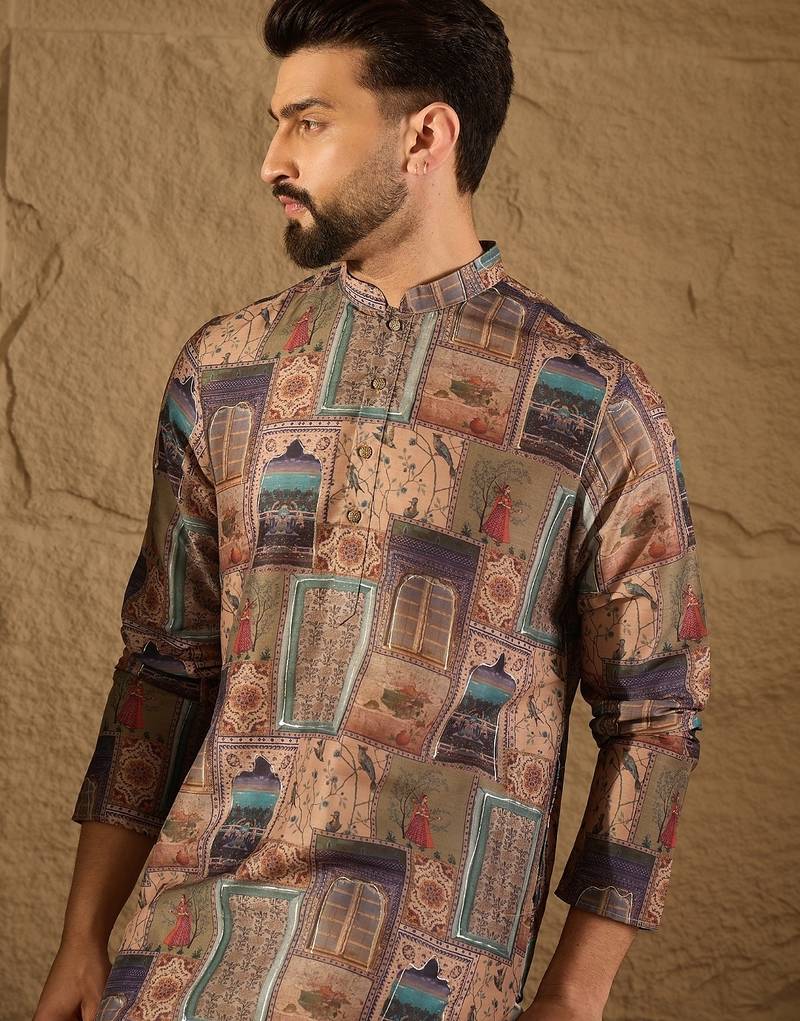 Men multi viscose rayon ethnic motifs embroidered straight kurta with trouser