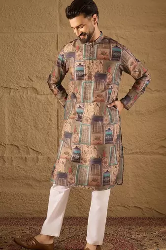 Men multi viscose rayon ethnic motifs embroidered straight kurta with trouser