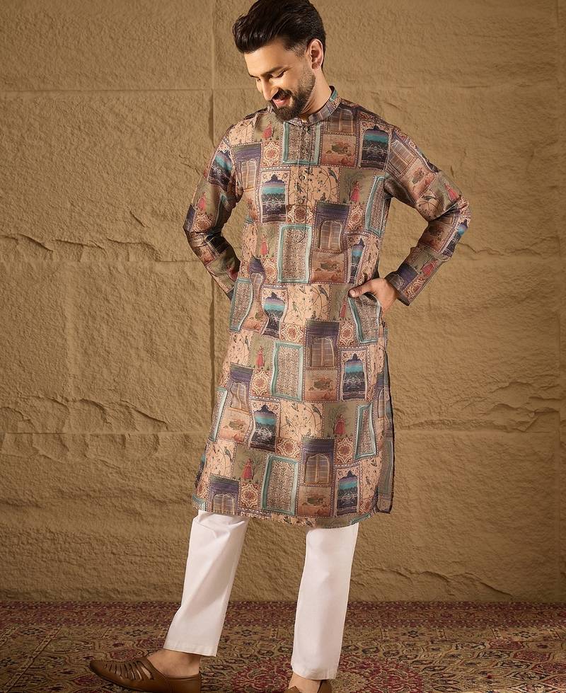 Men multi viscose rayon ethnic motifs embroidered straight kurta with trouser