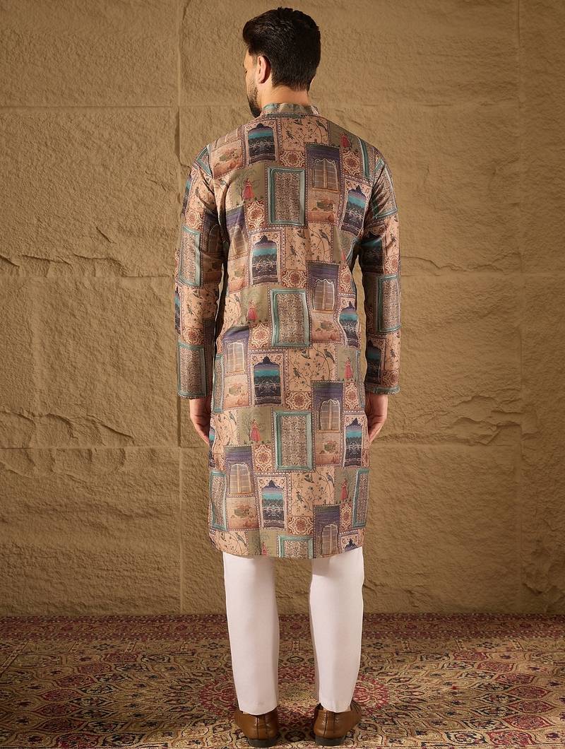 Men multi viscose rayon ethnic motifs embroidered straight kurta with trouser