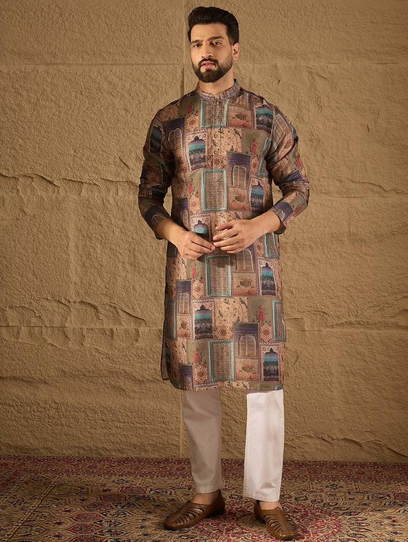 Men multi viscose rayon ethnic motifs embroidered straight kurta with trouser