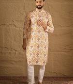 Men white silk blend geometric embroidered straight kurta with trouser
