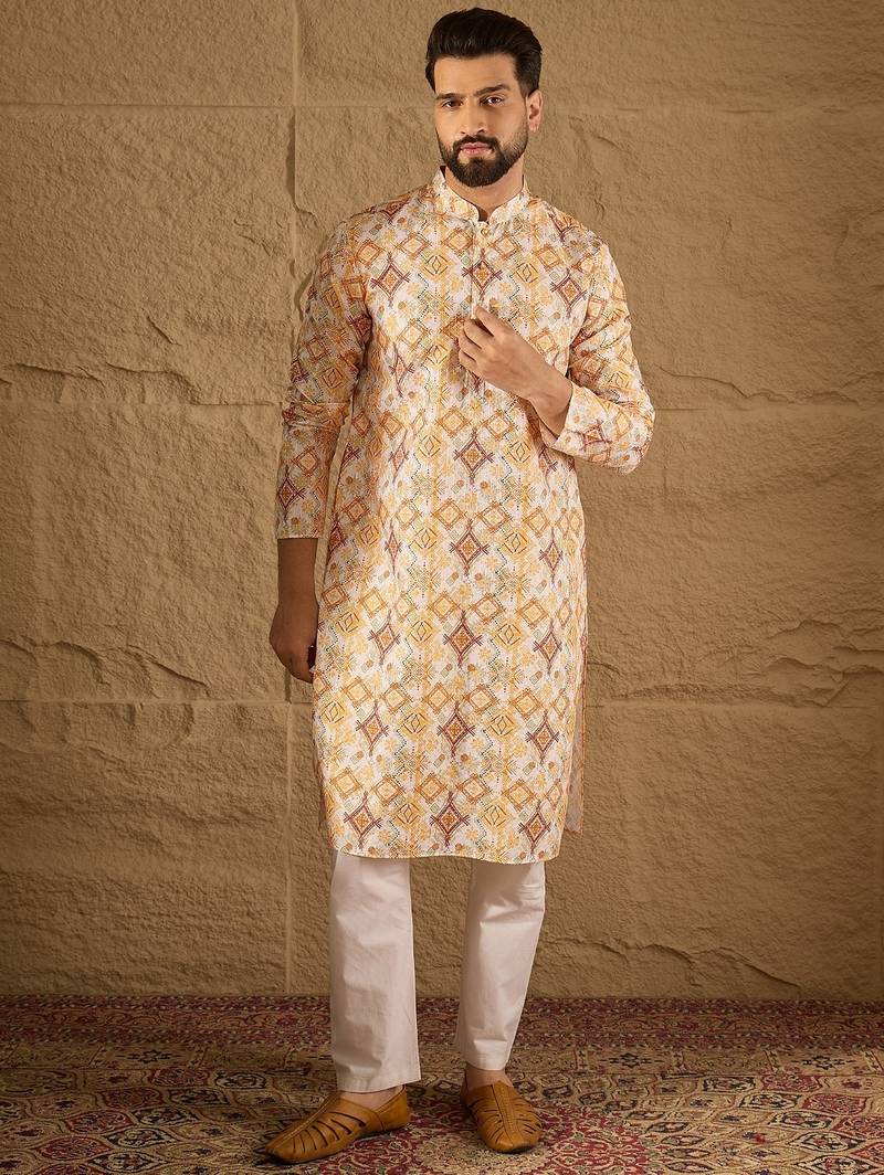 Men white silk blend geometric embroidered straight kurta with trouser