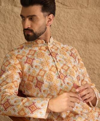 Men white silk blend geometric embroidered straight kurta with trouser 2
