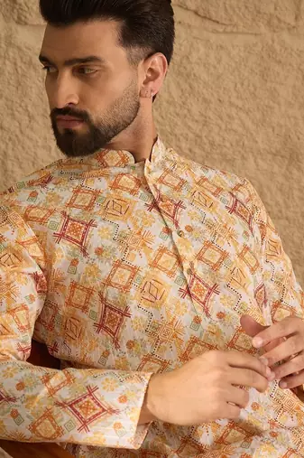 Men white silk blend geometric embroidered straight kurta with trouser