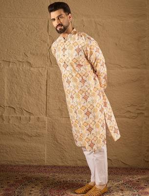 Men white silk blend geometric embroidered straight kurta with trouser 3