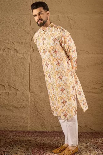 Men white silk blend geometric embroidered straight kurta with trouser
