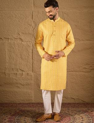 Men yellow silk blend geometric embroidered straight kurta with trouser 1
