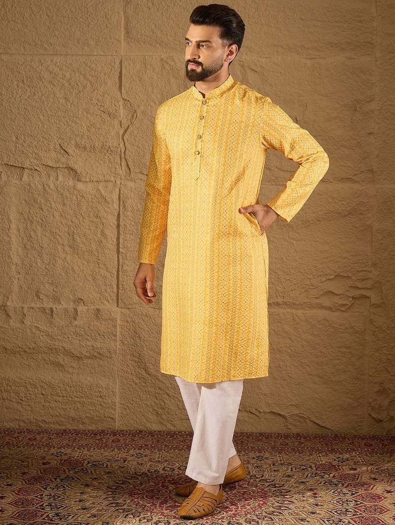Men yellow silk blend geometric embroidered straight kurta with trouser