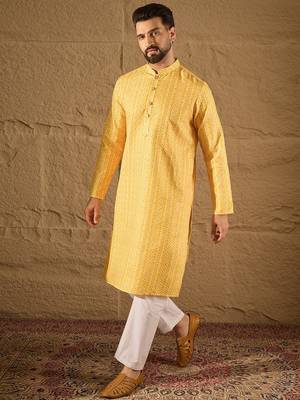 Men yellow silk blend geometric embroidered straight kurta with trouser 5