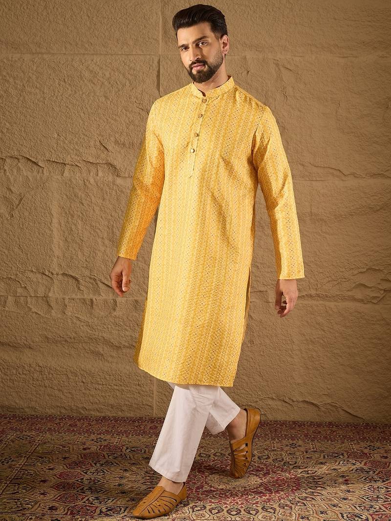 Men yellow silk blend geometric embroidered straight kurta with trouser