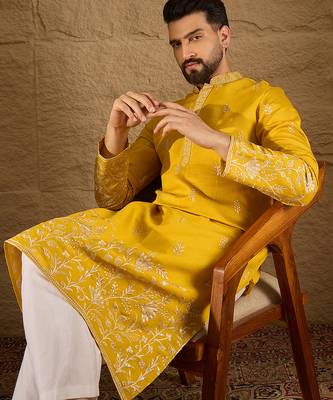 Men yellow chanderi silk solid embroidered straight kurta with trouser 1