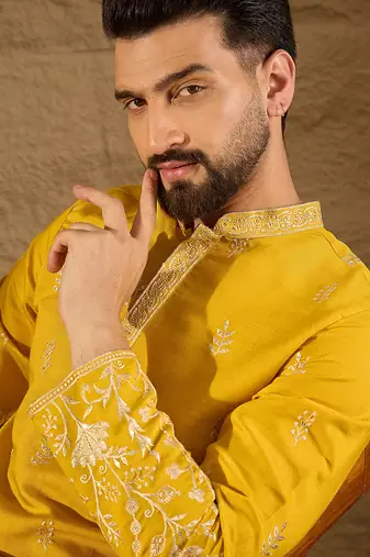 Men yellow chanderi silk solid embroidered straight kurta with trouser