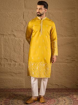 Men yellow chanderi silk solid embroidered straight kurta with trouser 3